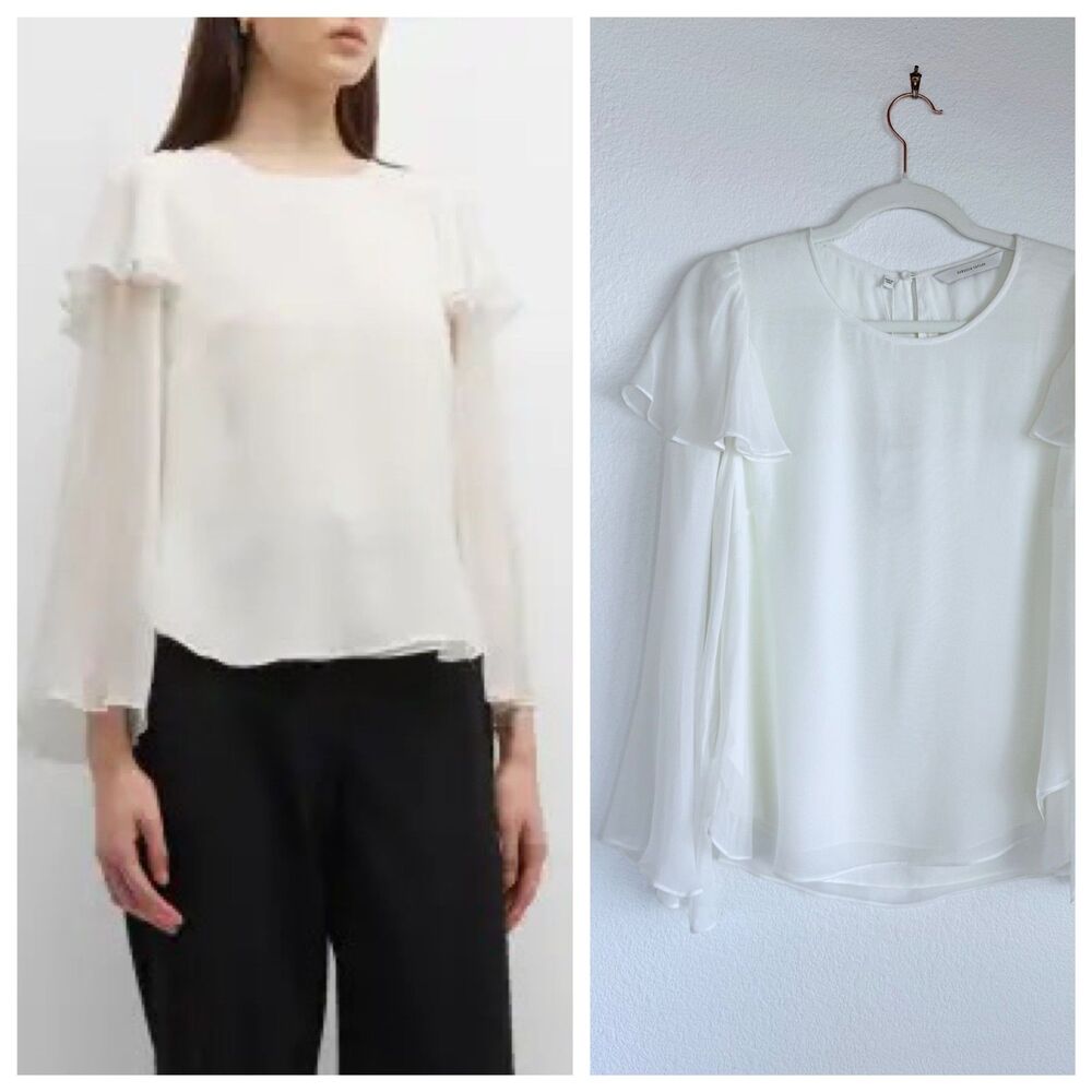 NWT Rebecca Taylor 100% Silk Ruffled Chiffon Blouse in Snow White Size 6